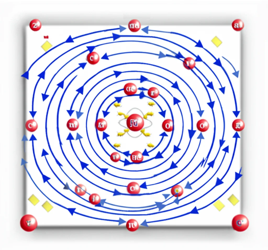 Visualizzazione fotorealistica su scala nanometrica di un piano CuO2 in un superconduttore cuprato (Bi-2212). Si vedono atomi di rame e ossigeno. Al centro, un 'piccolo polarone' (una lacuna circondata da atomi di ossigeno spostati) e attorno ad esso un 'vortice di spin' visualizzato come frecce (spin elettronici) che ruotano. Lente macro 100mm, alta definizione, illuminazione controllata per evidenziare la struttura atomica e la distorsione del reticolo.