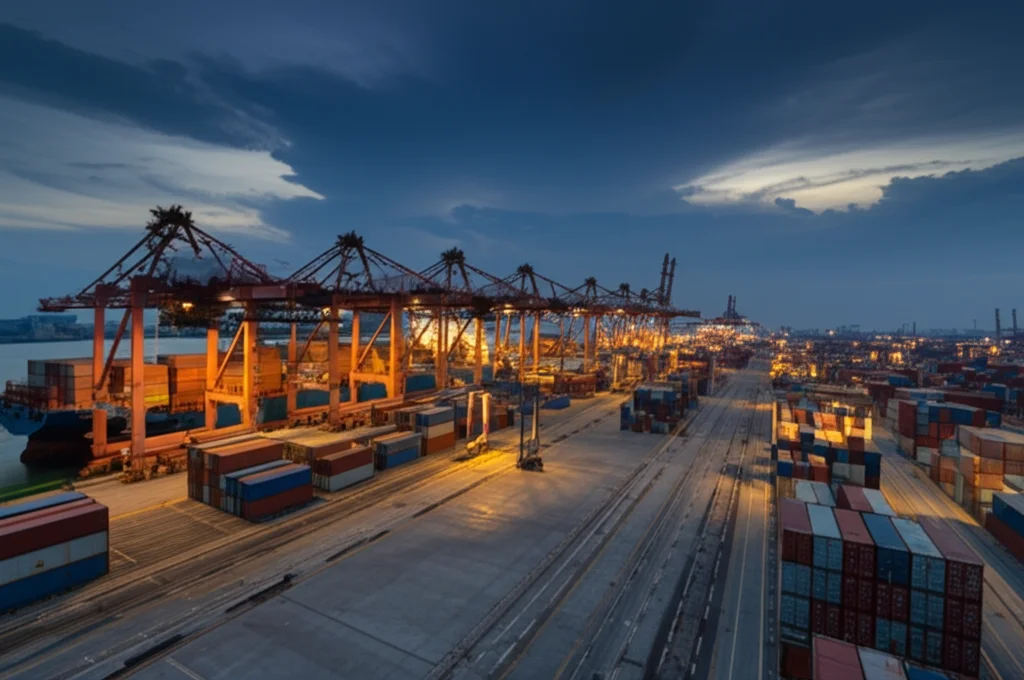 Fotografia grandangolare di un porto commerciale affollato di container e navi cargo al tramonto, simbolo del commercio globale e dello spostamento dei mercati. Obiettivo wide-angle 14mm, lunga esposizione per rendere l'acqua setosa, cielo drammatico.