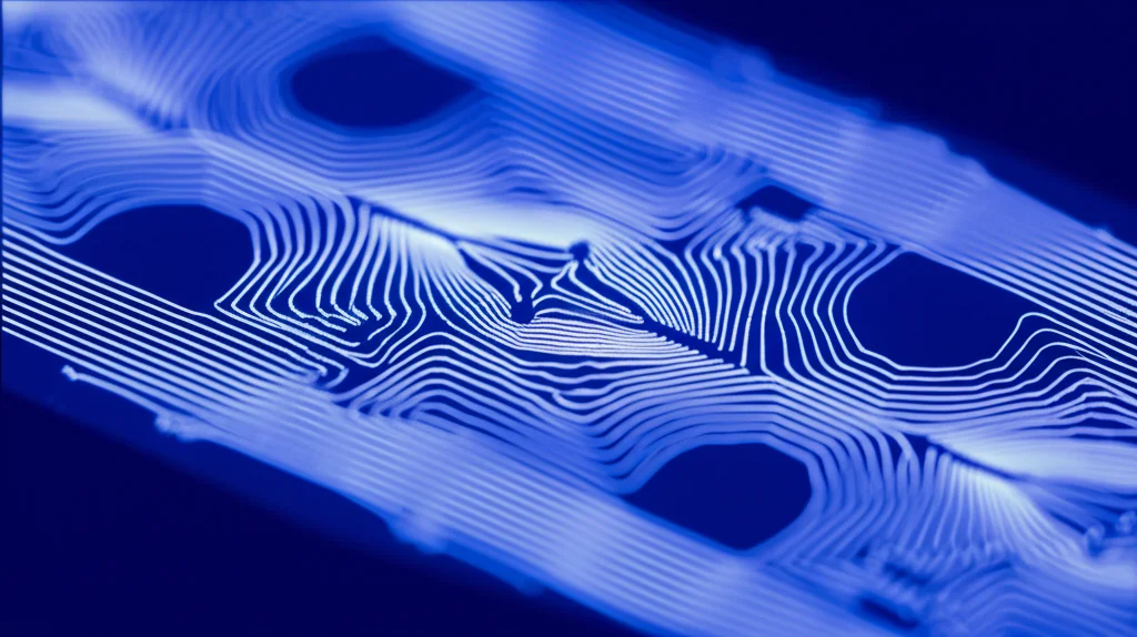 Immagine fotorealistica di un chip quantistico concettuale basato su qubit SVILC. Si vedono diverse nano-isole di Bi-2212 interconnesse. Zoom su una singola nano-isola che mostra pattern di corrente (SVILC) visualizzati come flussi luminosi. Lente macro 60mm, alta definizione, illuminazione high-tech bluastra, profondità di campo ridotta per focalizzare sull'isola centrale.