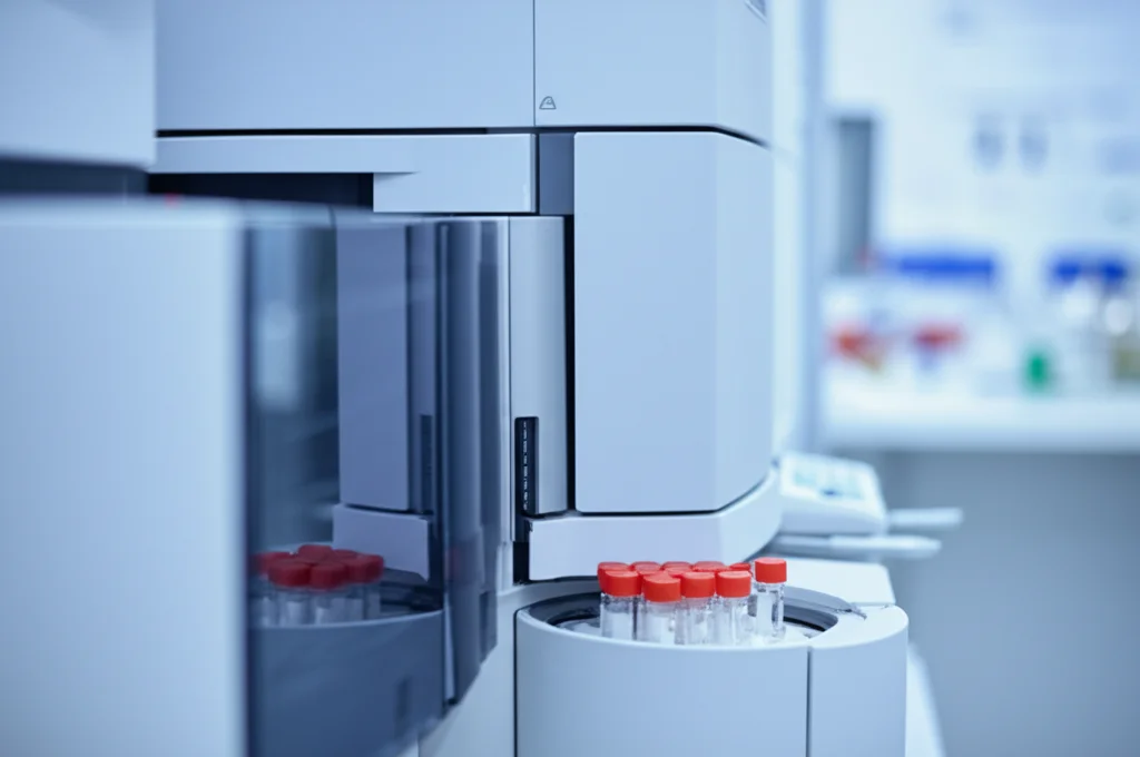 Primo piano di un moderno spettrometro di massa LC-MS/MS in un laboratorio di ricerca avanzato, con fiale di campioni pronte per l'analisi, macro lens 85mm, high detail, controlled lighting, riflessi bluastri sulle superfici metalliche.