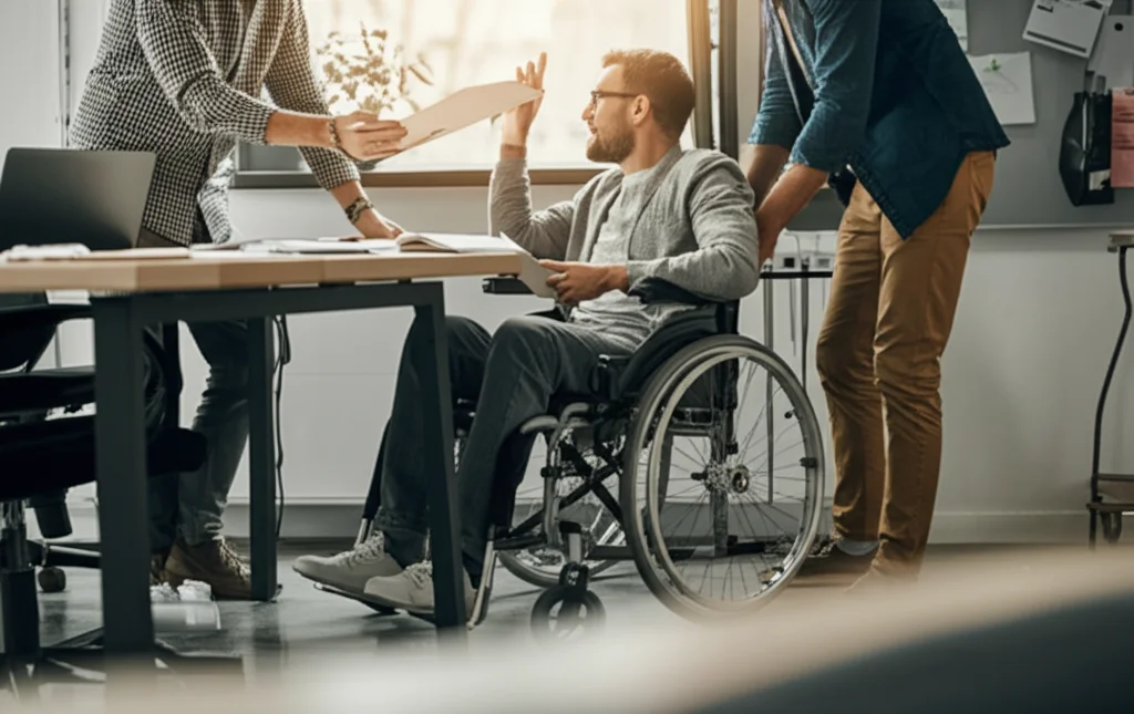 Un ufficio moderno e luminoso, una persona in sedia a rotelle discute animatamente un progetto con due colleghi in piedi attorno a una scrivania. Focus sulla collaborazione e l'inclusione. Prime lens, 35mm, depth of field, luce naturale.