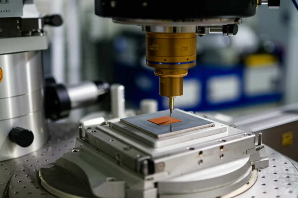 Immagine fotorealistica di un setup sperimentale avanzato per la rilevazione di campi magnetici su nanoscala. Si vede la punta di un microscopio a scansione (come SQUID o NV-center) che si avvicina a un campione di film sottile di Bi-2212 montato su un criostato. Luce da laboratorio focalizzata sul punto di misura, alta precisione, dettagli tecnici visibili sullo sfondo. Lente macro 90mm.