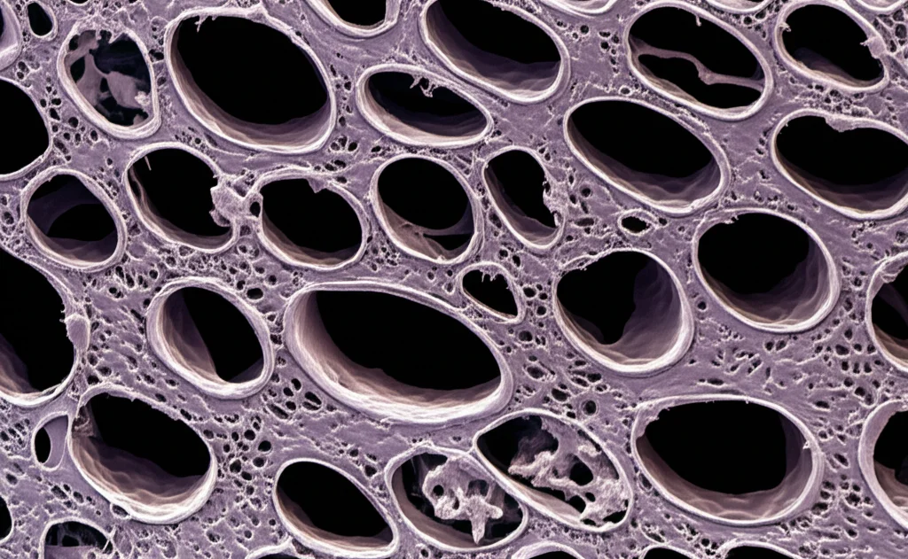 Micrografia elettronica a scansione di tessuto polmonare di topo, che mostra la struttura alveolare, macro lens 100mm, high detail, illuminazione scientifica precisa, colorazione digitale per evidenziare le strutture.