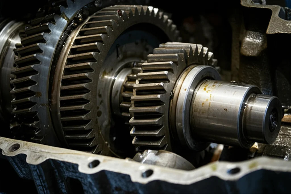 Primo piano macro di ingranaggi metallici complessi all'interno di un riduttore industriale aperto, gocce d'olio lubrificante visibili sui denti, dettagli meccanici elevati, messa a fuoco precisa su un punto di contatto, illuminazione drammatica controllata, obiettivo macro 100mm.