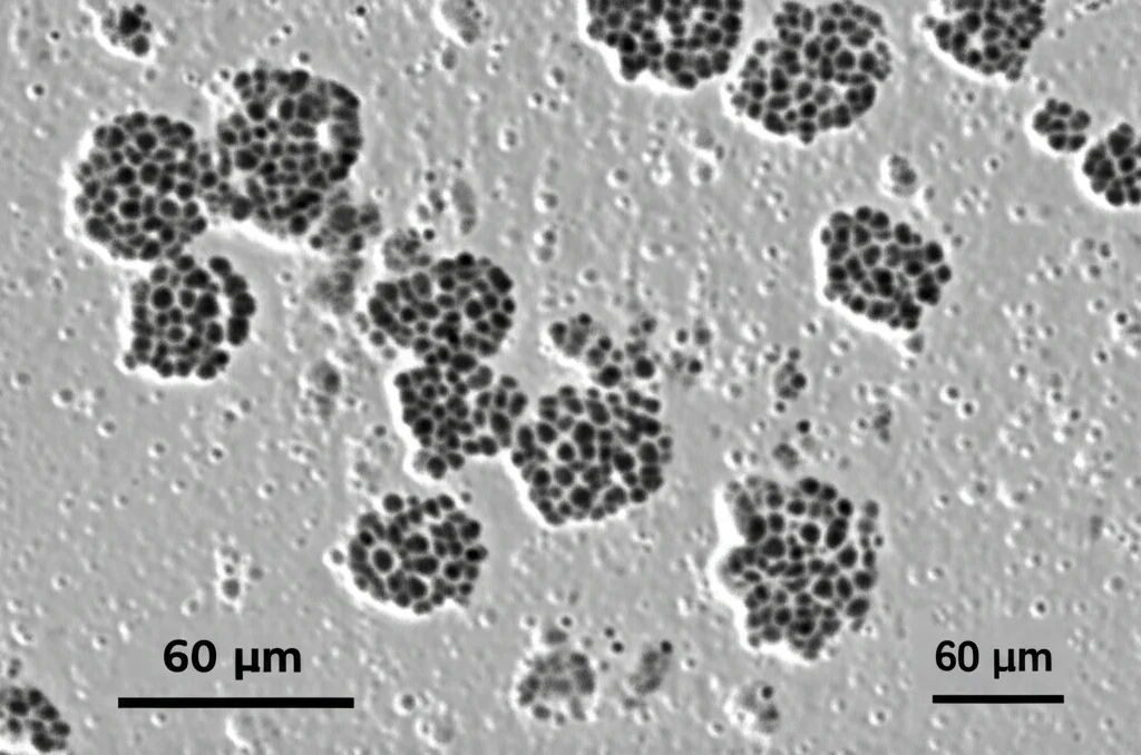 Fotografia macro di sferoidi tumorali di cancro al pancreas (linea cellulare KP-4) coltivati in una piastra a bassa aderenza. Si notano differenze di dimensione e numero tra gruppi di controllo e quelli con knockdown di MCM4. Messa a fuoco precisa, illuminazione da laboratorio controllata, obiettivo macro 60mm.