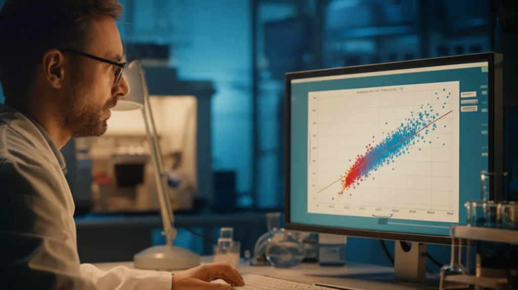 Scienziato in camice bianco che osserva attentamente un grafico di correlazione tra dati NAD-Glo e LC-MS/MS visualizzato su un monitor ad alta risoluzione in un moderno laboratorio di ricerca, profondità di campo, prime lens 35mm, illuminazione da laboratorio focalizzata sul monitor.