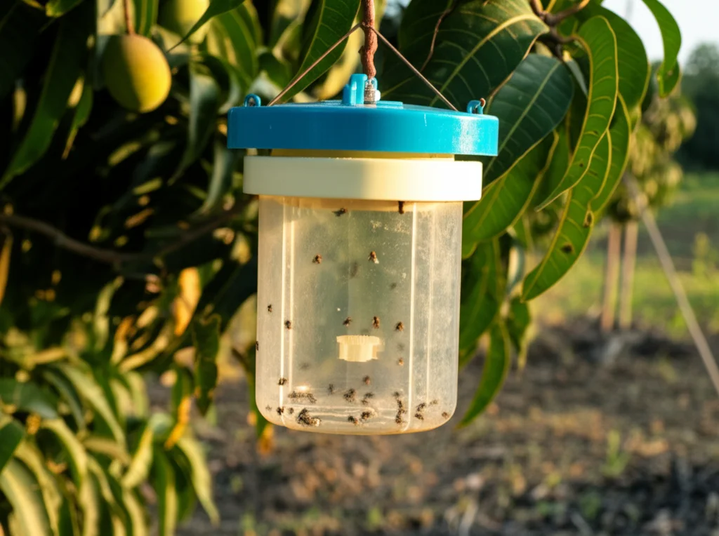 Fotografia macro di una trappola intelligente per insetti (Smart Trap) installata in un frutteto di mango, obiettivo macro 90mm, alta definizione, messa a fuoco precisa sulla trappola con alcune mosche della frutta visibili all'interno sulla base, luce solare controllata del tardo pomeriggio.