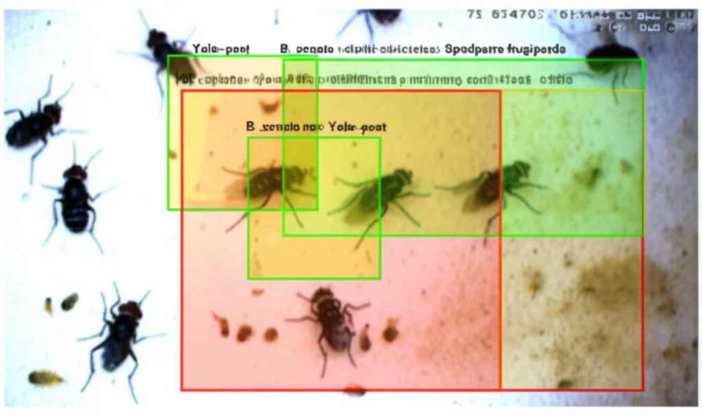 Schermata di un'interfaccia software che mostra un'immagine catturata da una smart trap con riquadri di delimitazione (bounding box) disegnati da Yolo-pest attorno a diverse mosche della frutta (B. zonata) e spodoptera frugiperda, con etichette di classe e punteggi di confidenza. Dettaglio elevato sugli insetti e sui riquadri.