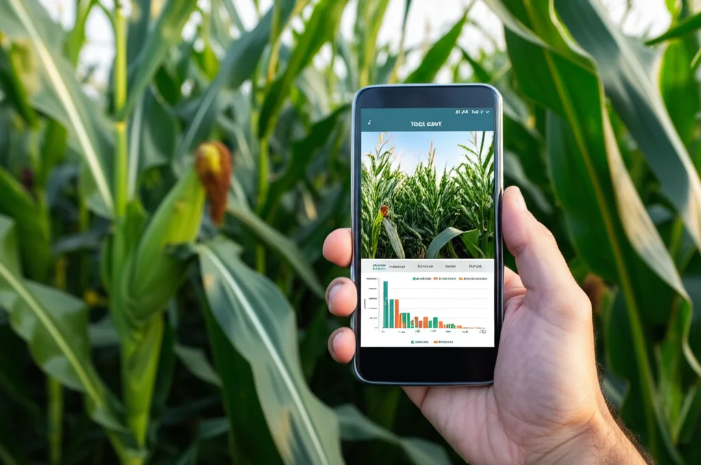Primo piano di uno smartphone tenuto in mano da un agricoltore in un campo di mais, lo schermo mostra l'interfaccia dell'applicazione mobile Yolo-pest con grafici sulla densità di Spodoptera frugiperda, dati di temperatura/umidità in tempo reale e una foto recente dalla smart trap. Obiettivo 35mm, profondità di campo, luce naturale.