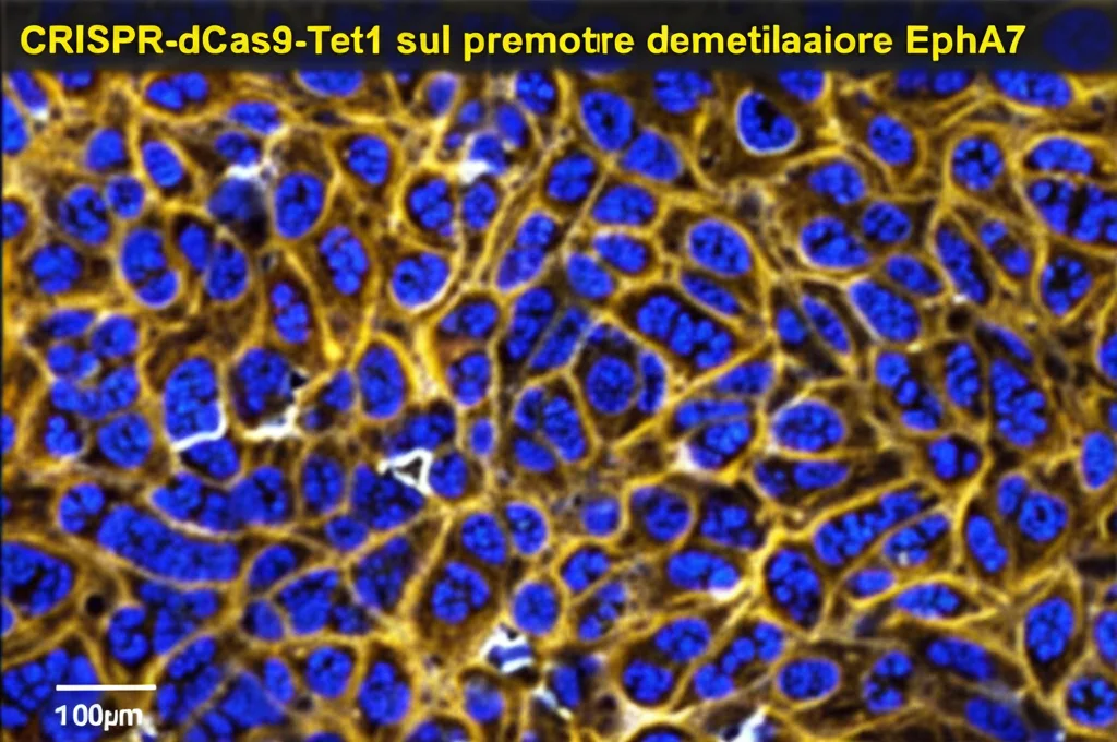 Visualizzazione microscopica ad alta definizione di cellule cervicali (CaSki o SiHa) in coltura, con evidenza grafica sovrapposta che illustra l'azione mirata dello strumento CRISPR-dCas9-Tet1 sul DNA per la demetilazione del promotore EphA7. Macro lens, 100mm, high detail, precise focusing, controlled lighting.