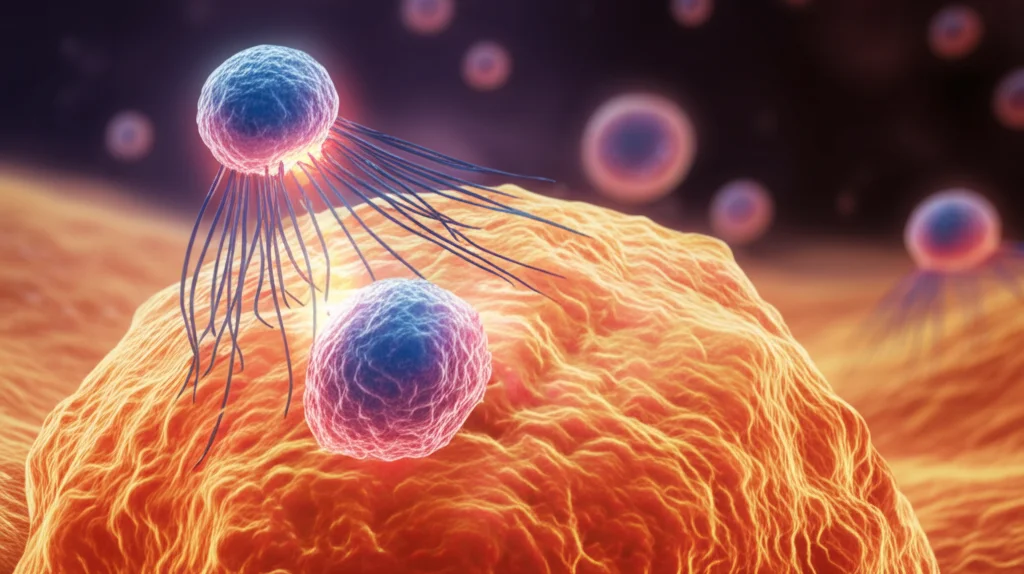 Concetto grafico che mostra cellule immunitarie (linfociti T citotossici stilizzati) che infiltrano attivamente un tumore cervicale con bassa metilazione di EphA7, simboleggiando una migliore risposta immunitaria. High detail, controlled lighting, sfondo sfocato.
