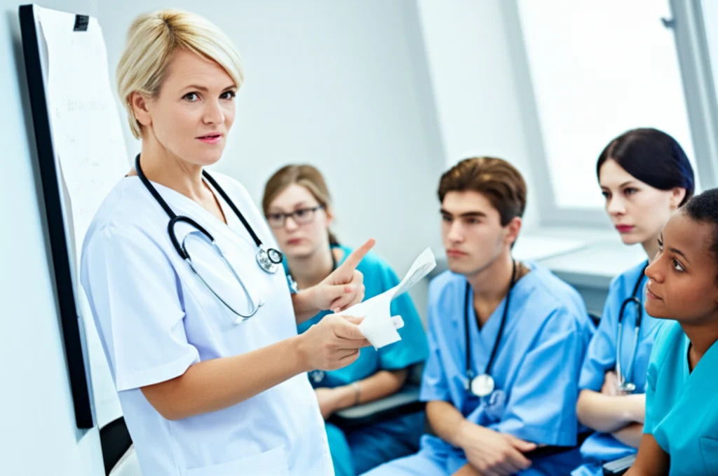 Fotografia d'azione, obiettivo 50mm, un'infermiera esperta che tiene un workshop formativo per un gruppo attento di colleghi infermieri in un'aula ospedaliera, indicando una slide su cure palliative. Espressioni concentrate e interessate. Illuminazione controllata.