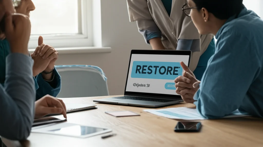 Immagine photorealistic di un gruppo diversificato di persone (pazienti, caregiver, medici) seduti attorno a un tavolo in una stanza luminosa, che discutono animatamente guardando uno schermo di laptop che mostra l'interfaccia di RESTORE. Obiettivo 35mm, luce naturale morbida, profondità di campo media per includere tutti i partecipanti.