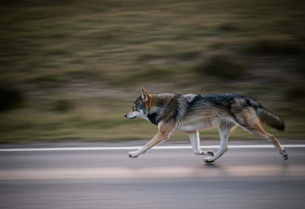 Fotografia naturalistica di un lupo che attraversa una strada asfaltata al crepuscolo, sfocato dal movimento. Teleobiettivo 200mm, scatto veloce per catturare il movimento, luce ambientale bassa, leggero effetto panning.