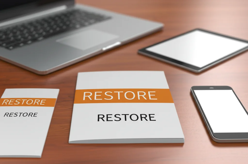 Immagine photorealistic che mostra diverse opzioni di accesso a RESTORE: uno schermo di laptop, un tablet, uno smartphone e un opuscolo cartaceo, disposti su un tavolo. Obiettivo 50mm, luce diffusa, focus selettivo sull'opuscolo cartaceo per simboleggiare l'accessibilità offline.
