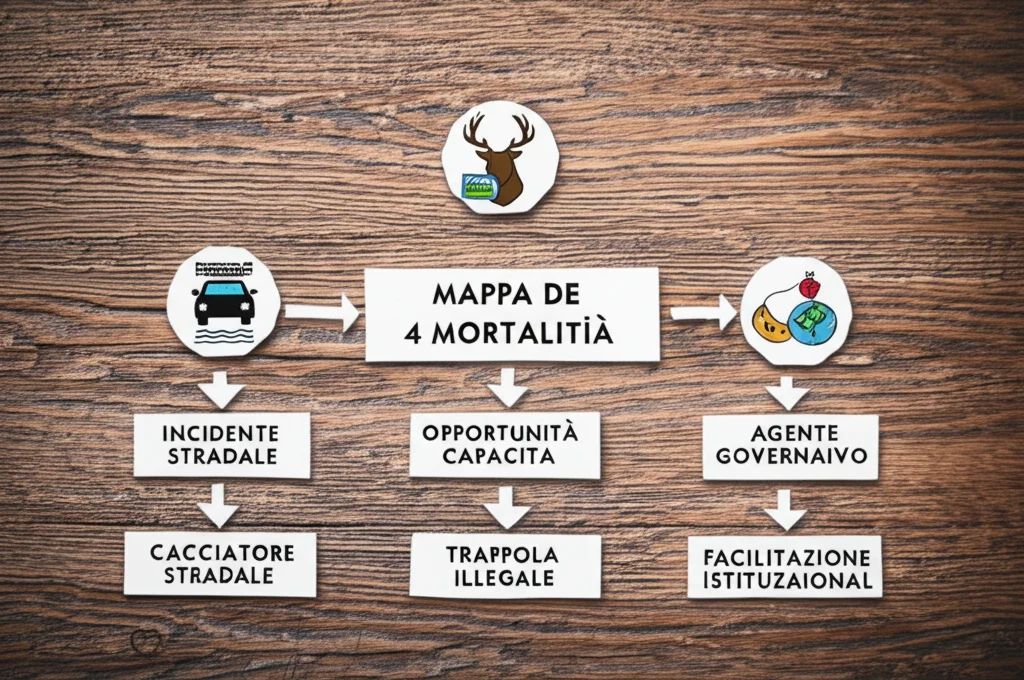 Mappa concettuale disegnata a mano su un tavolo di legno rustico, che collega icone rappresentanti i 4 tipi di mortalità (incidente stradale, cacciatore, trappola illegale, agente governativo) ai 5 fattori antecedenti (opportunità, capacità, intenzione, tutela, facilitazione istituzionale). Obiettivo macro 90mm, alta definizione, illuminazione controllata dall'alto.