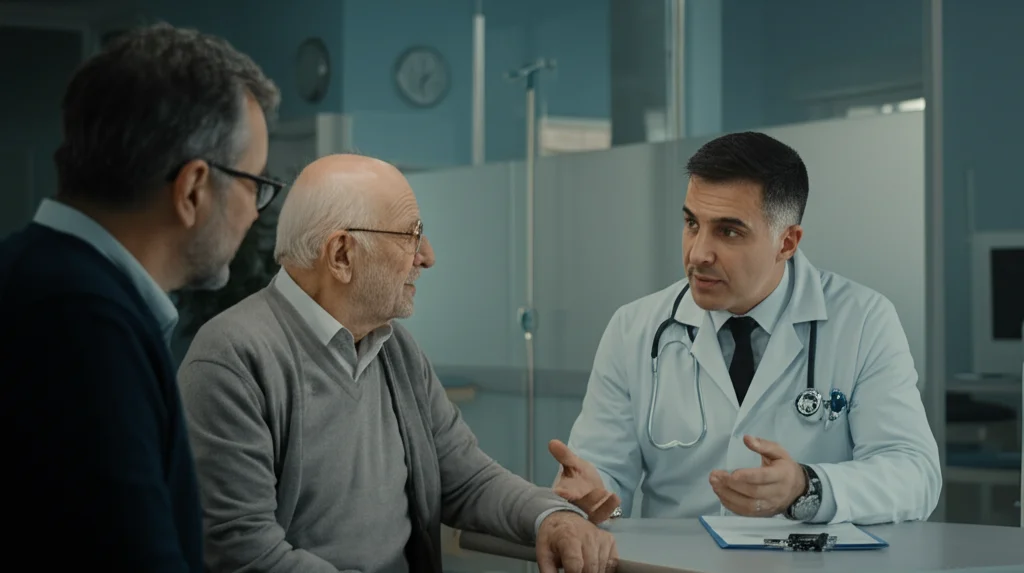 Fotografia realistica di un medico giordano in camice bianco che parla con un paziente anziano e un membro della sua famiglia in una stanza d'ospedale luminosa, obiettivo 35mm, profondità di campo, luce naturale controllata, espressioni serie ma empatiche.