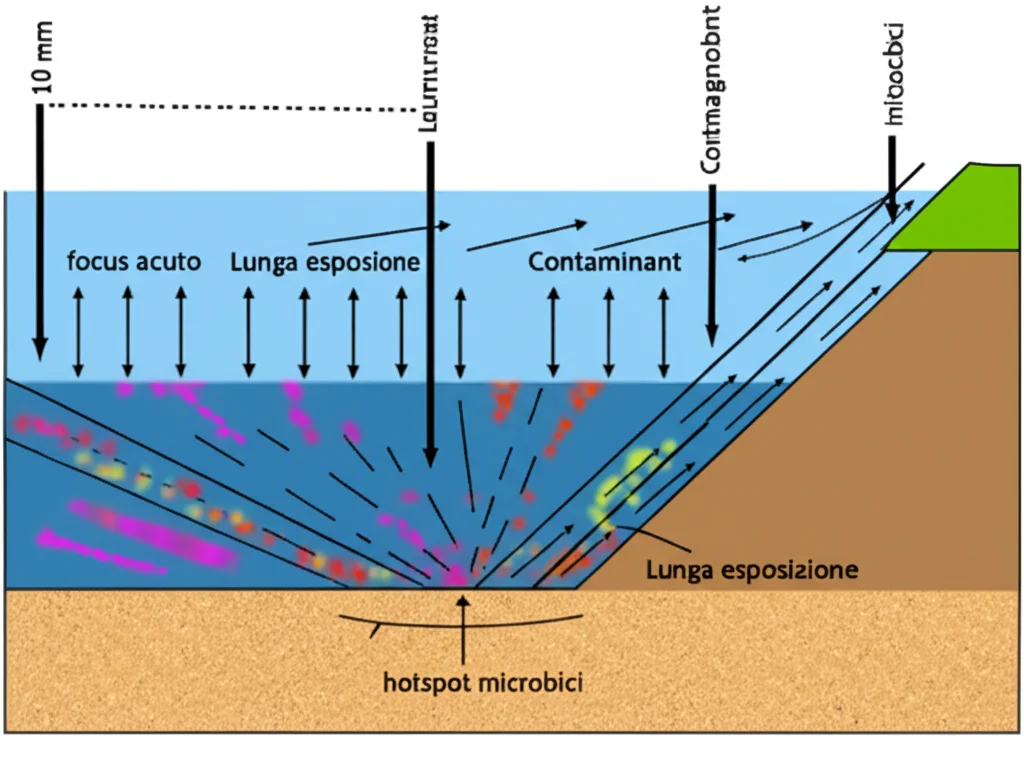 Grandangolare, 10 mm, focus acuto, lunga esposizione, che mostra una sezione trasversale schematica del sistema di falde acquifere di rovere con frecce che indicano flusso di acque sotterranee e pennacchi di contaminanti (rappresentati da gradienti colorati) che interagiscono con hotspot microbici (cluster luminosi).