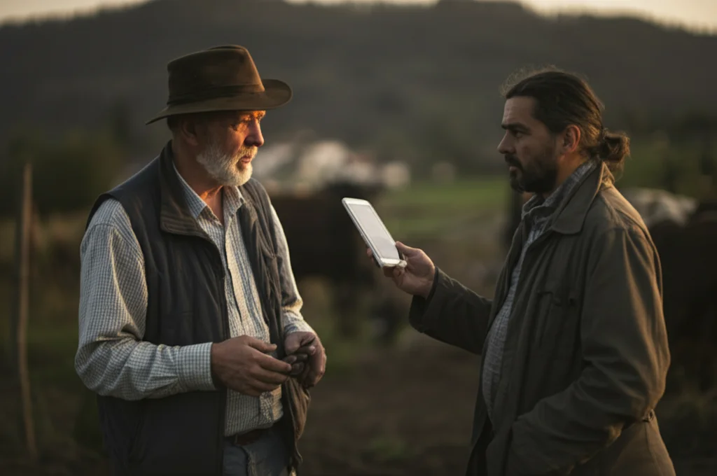 Scienziato sociale che intervista un allevatore in un paesaggio rurale montano al tramonto. Ritratto ambientale, obiettivo 35mm, profondità di campo ridotta per sfocare lo sfondo, tonalità calde del tramonto.