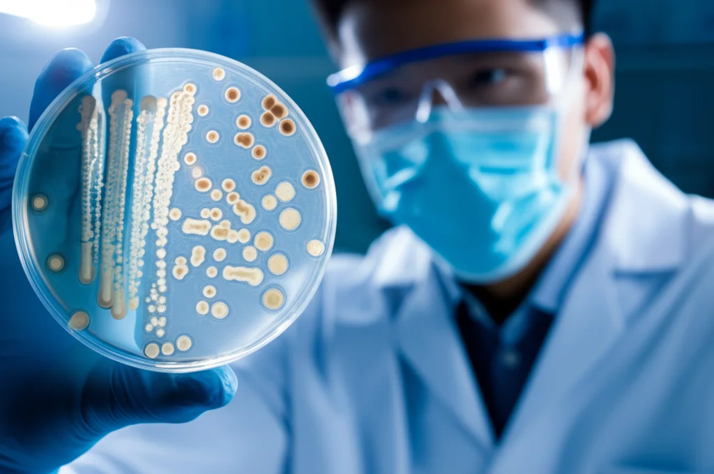 Fotografia di ritratto, lente prime 35 mm, profondità di campo, che mostra uno scienziato in un cappotto da laboratorio che esamina con cura una piastra di pezzi brillante contenente diverse colture microbiche sotto illuminazione controllata, simboleggiando lo studio della funzionalità microbica.