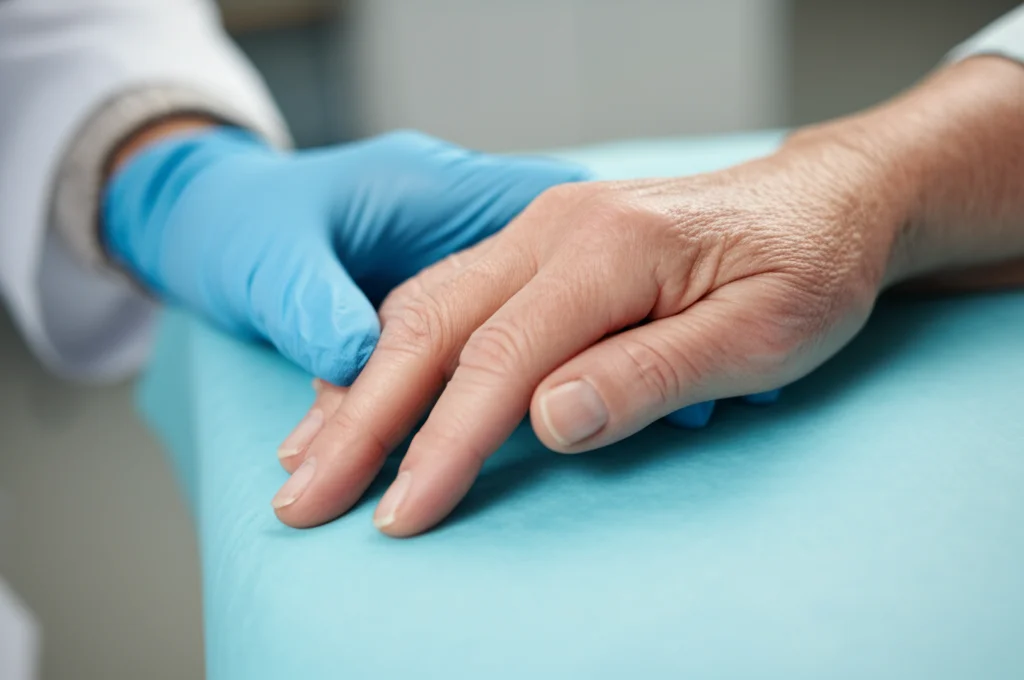 Primo piano macro di due mani, una con guanto medico e l'altra di un paziente, che si stringono leggermente, obiettivo macro 90mm, alta definizione, illuminazione soffusa, simboleggiando fiducia e cura.