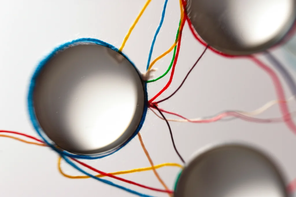 Lenti macro, 60 mm, dettagli elevati, illuminazione controllata, che mostrano fili intrecciati e leggermente sfilacciati di diversi colori (che rappresentano svantaggi familiari cluster), alcuni fili più spessi (socioeconomici), altri più sottili (psicosociali), contro uno sfondo neutro, leggermente sfocato che suggerisce complessità.