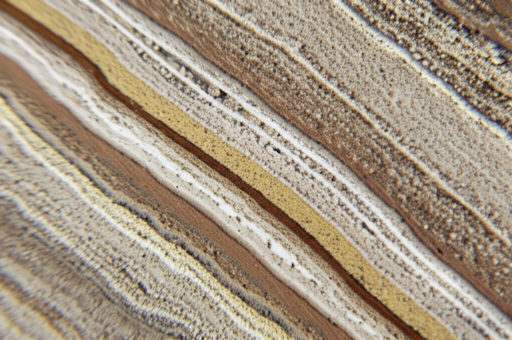 Fotografia macro di un campione di sedimento marino prelevato da una carota. Si vedono strati sottili di diversi colori e texture. Obiettivo macro 100mm, alta definizione, messa a fuoco precisa sui dettagli dei granelli e dei microfossili visibili, illuminazione controllata da studio.