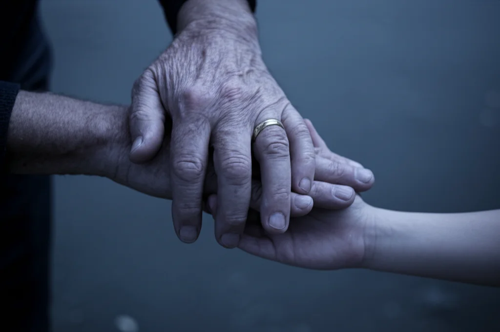 Lence Prime, ritratto da 35 mm, profondità di campo, che mostra tre mani che rappresentano generazioni-una mano rugosa più vecchia (nonno), una mano di mezza età (genitore) e una mano più giovane (nipote)-leggermente toccante o sovrapposta, suggerendo connessione e trasmissione. Illuminazione morbida e leggermente malinconica, blu duotone e grigio.