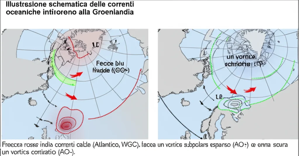 Illustrazione schematica delle correnti oceaniche intorno alla Groenlandia. Frecce rosse indicano correnti calde (Atlantico, WGC), frecce blu indicano correnti fredde (EGC). Un'area grigia chiara mostra un vortice subpolare espanso (AO+) e una scura un vortice contratto (AO-).
