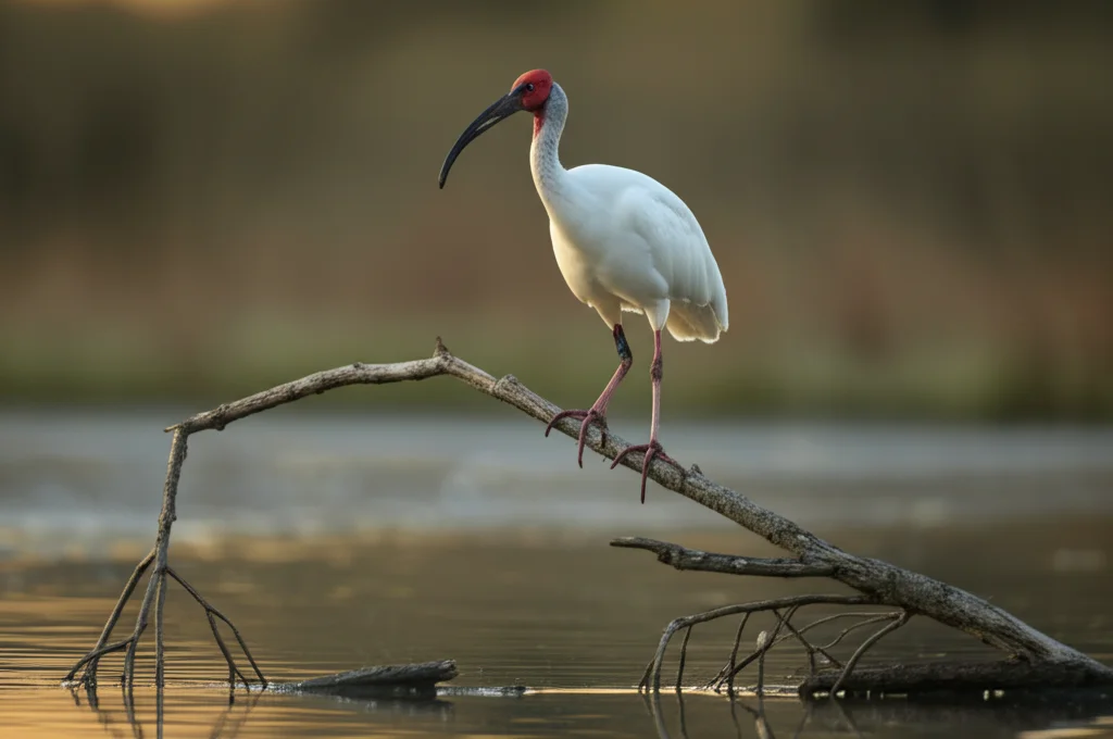 Fotografia naturalistica di un ibis crestato (Nipponia nippon) adulto, piumaggio bianco candido con leggere sfumature rosa, cresta distintiva sulla nuca, lungo becco nero ricurvo con punta rossa. L'uccello è posato elegantemente su un ramo spoglio sopra uno specchio d'acqua calmo al tramonto. Luce calda e radente. Obiettivo teleobiettivo zoom 300mm, messa a fuoco nitida sull'ibis, sfondo bokeh morbido che isola il soggetto. Wildlife photography, fast shutter speed per congelare il momento.