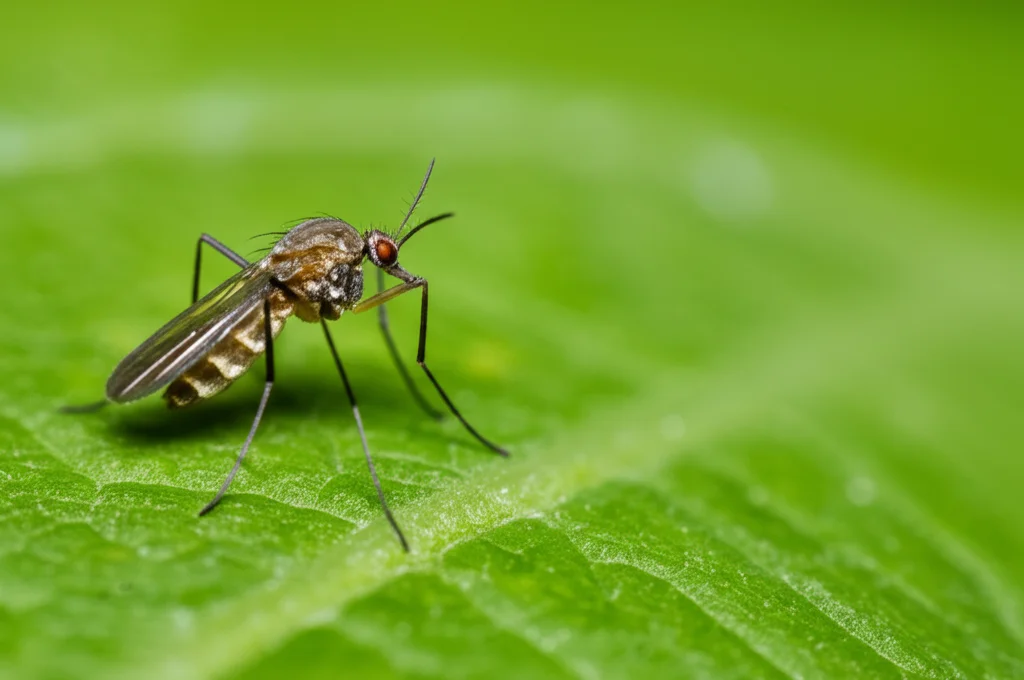 Macro fotografia di un moscerino pungente Culicoides su una foglia verde in un prato irlandese, obiettivo macro 100mm, alta definizione, messa a fuoco precisa, illuminazione controllata e soffusa.