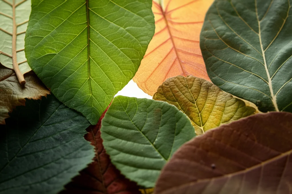 Primo piano macro di diverse foglie di piante diverse ma vicine, ognuna con texture e sfumature uniche, illuminate da una luce morbida e controllata. Lente macro 100mm, alta definizione, a simboleggiare le diverse qualità legate alla mindfulness (osservare, descrivere, tranquillità, ecc.) che coesistono.