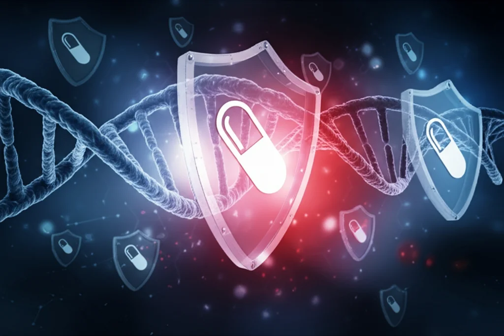 Visualizzazione astratta del DNA batterico con sovrapposti simboli di antibiotici e scudi. Doppia elica del DNA luminosa su sfondo scuro, con icone stilizzate di capsule di antibiotico che rimbalzano su scudi trasparenti che circondano segmenti del DNA. Colori vibranti come blu elettrico e rosso per il DNA e gli scudi. Macro lens, high detail, controlled lighting per un effetto scientifico ma drammatico.