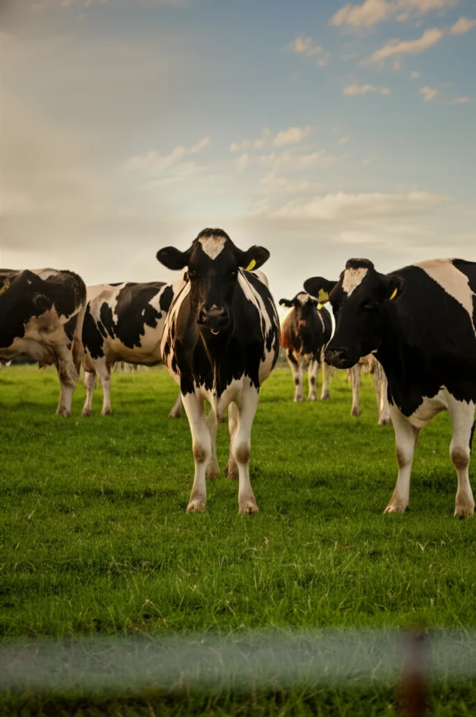 Mandria di mucche frisone in un pascolo verde lussureggiante in Irlanda al tramonto, obiettivo zoom 35mm, profondità di campo, colori caldi, atmosfera serena ma con implicita minaccia dei moscerini vettori.