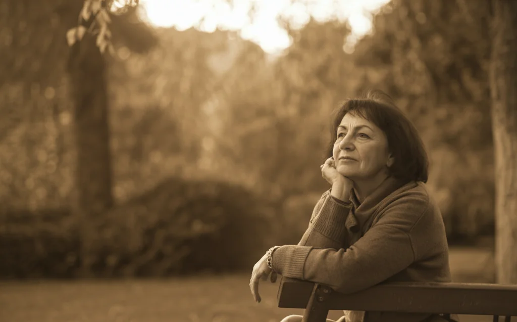 Ritratto di una donna di mezza età, serena, seduta su una panchina in un giardino autunnale. Luce dorata del tardo pomeriggio, obiettivo 35mm, profondità di campo che sfoca leggermente lo sfondo. Toni duotone caldi, ocra e marrone. Rappresenta la maturità e la pace interiore raggiunte attraverso la consapevolezza e la tranquillità.