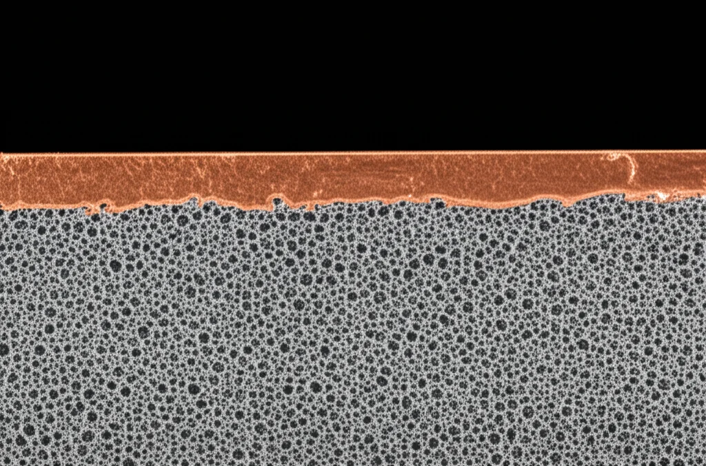 Immagine macro fotorealistica di una sezione trasversale di un componente metallico stampato in 3D, che mostra la transizione netta tra un materiale color rame (CuCr1Zr) e un materiale grigio acciaio (1.2709). Illuminazione controllata, alta definizione, obiettivo macro 100mm, che evidenzia la microstruttura porosa alla giunzione dei due metalli.