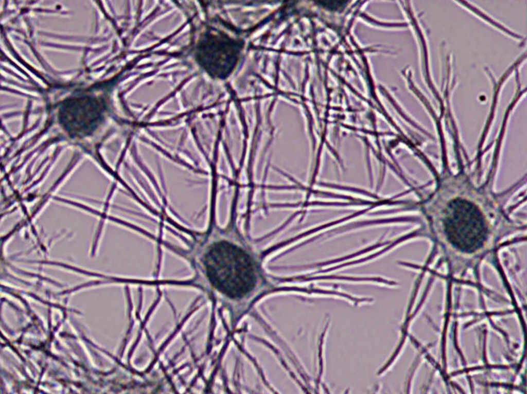Microscopia ad alta risoluzione di cellule follicolostellate (PDFS) in coltura, evidenziando le loro estensioni citoplasmatiche allungate. Macro lens, 100mm, alta definizione, illuminazione controllata per dettagli cellulari.