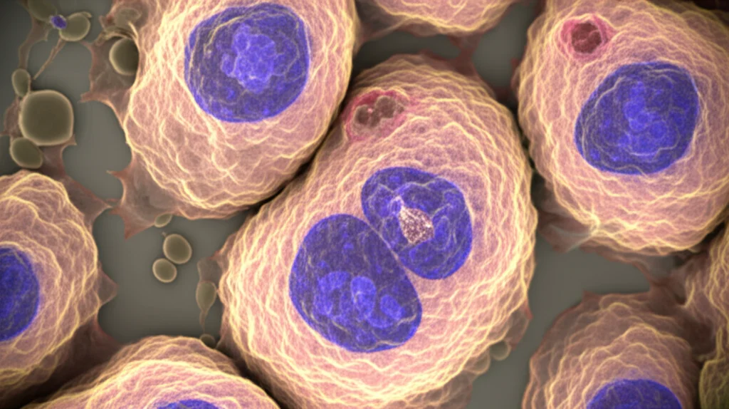 Visualizzazione 3D di un tumore pituitario che mostra cellule in apoptosi (morte cellulare) indotta da metformina. Macro lens, 80mm, illuminazione drammatica per evidenziare le cellule morenti, alta definizione.