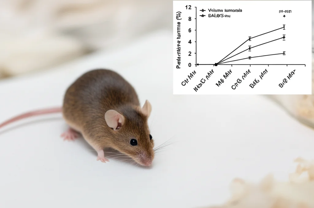 Foto realistica di un topo da laboratorio (BALB/C-nu) in un ambiente controllato, accanto a grafici che mostrano la riduzione del volume tumorale. Prime lens, 50mm, profondità di campo ridotta per focalizzare sul topo e sui dati.