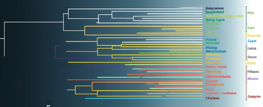 Visualizzazione fotorealistica di un albero filogenetico astratto e luminoso, wide-angle lens, 20mm, sharp focus, che mostra le ramificazioni evolutive del genere Oryza nel tempo su uno sfondo scuro.