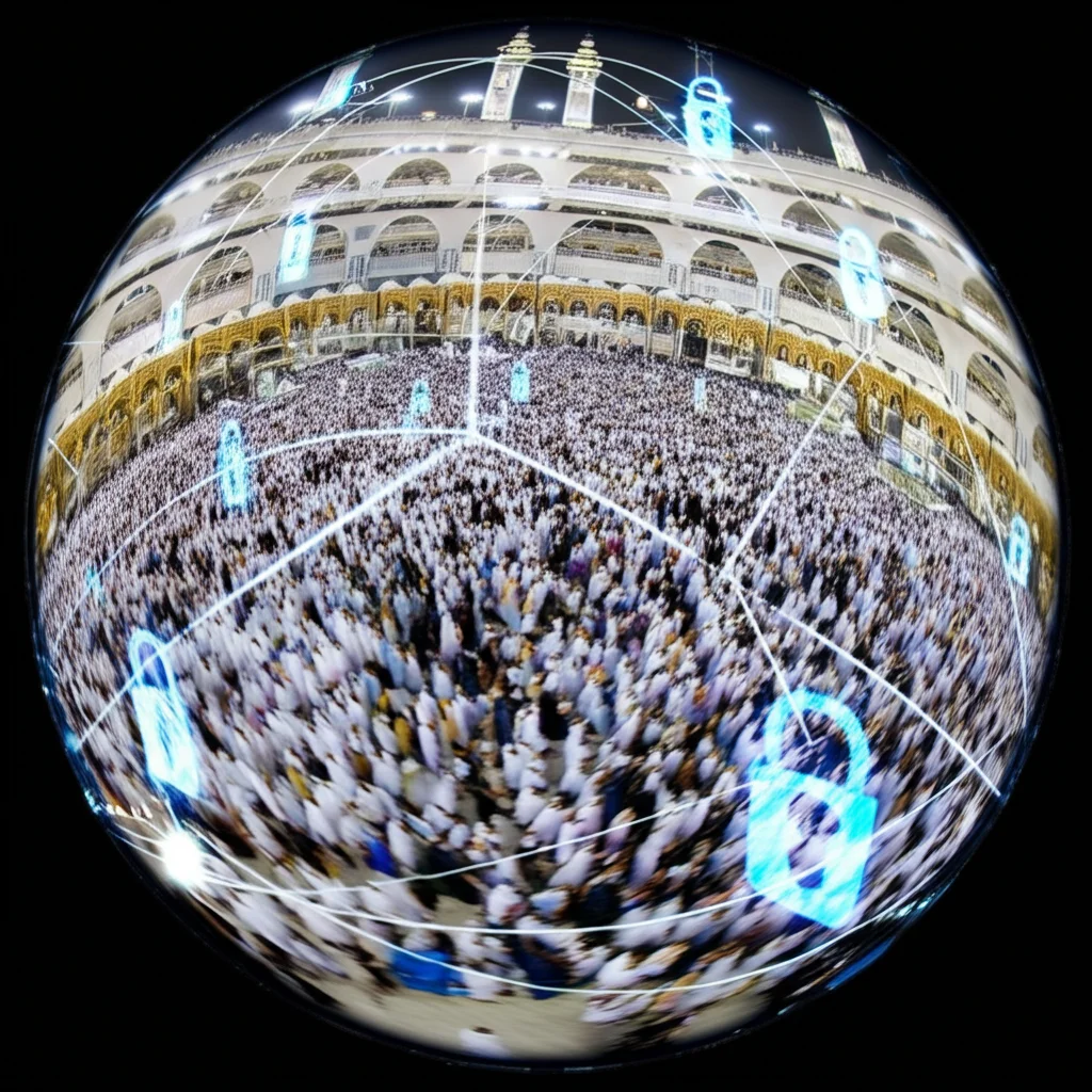 Fotografia grandangolare di una folla immensa e vibrante durante un mega evento (come l'Hajj), vista dall'alto, con linee digitali sovrapposte che simboleggiano flussi di dati sicuri, obiettivo grandangolare 15mm, lunga esposizione per sfumare leggermente il movimento della folla, focus nitido.