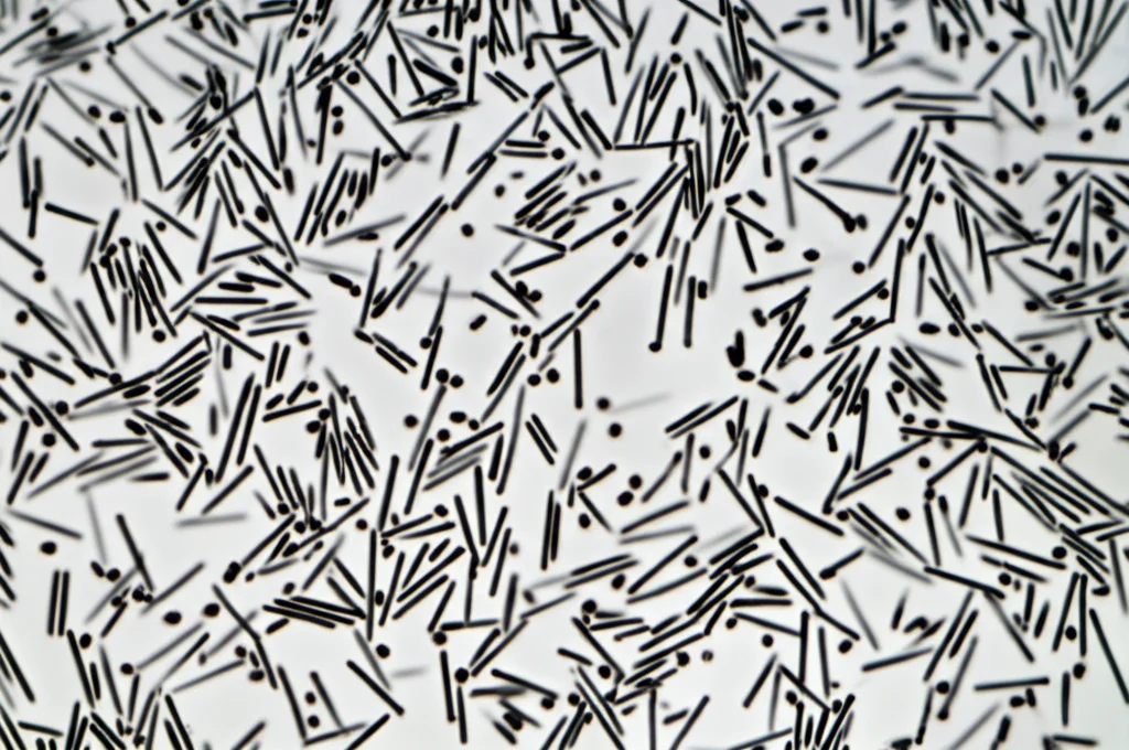 Fotografia macro di nanobarre magnetiche di ossido di ferro (scure, aghiformi) disperse uniformemente in una resina fotopolimerizzabile trasparente viscosa, prima della stampa 3D. La scena è illuminata da una luce da studio controllata per evidenziare le particelle. Obiettivo macro 60mm, messa a fuoco precisa sulle nanoparticelle, alta definizione.