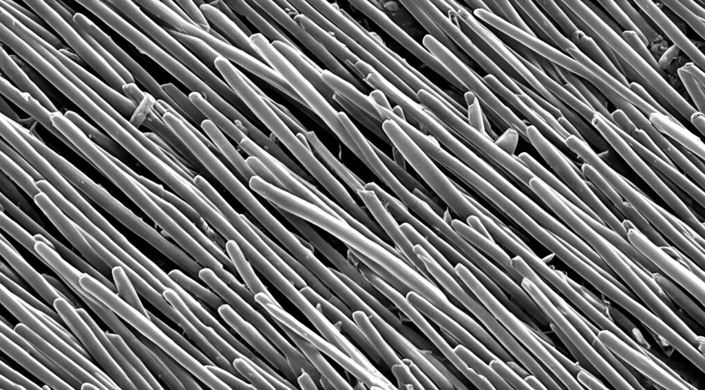 Micrografia elettronica a scansione (SEM) simulata fotorealisticamente che mostra un primo piano della superficie nanotexturizzata BDIS. Si vedono chiaramente nanobarre magnetiche (strutture aghiformi scure) che emergono da una matrice polimerica più chiara con angoli diversi, ma con una tendenza generale all'allineamento verticale. Alta definizione, illuminazione simulata da elettroni per un look scientifico realistico.