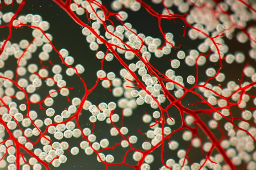 Immagine fotorealistica macro ad alta definizione di organoidi cerebrali vascolarizzati (FVCors) in una piastra di Petri da laboratorio. Si vedono piccole sfere di tessuto neurale chiaro intrecciate con sottili strutture filamentose rossastre simili a vasi sanguigni. Illuminazione controllata da laboratorio, messa a fuoco precisa sull'organoide centrale, lente macro 100mm, alta definizione.