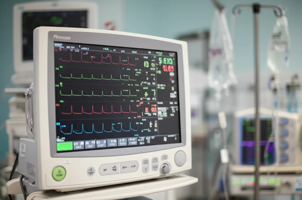 Primo piano di un monitor ICU che mostra parametri vitali come frequenza cardiaca, saturazione di ossigeno e pressione arteriosa. L'immagine ha un leggero effetto 'depth of field' per sfocare lo sfondo della stanza di terapia intensiva. Illuminazione controllata, alta definizione. Lente prime 35mm.