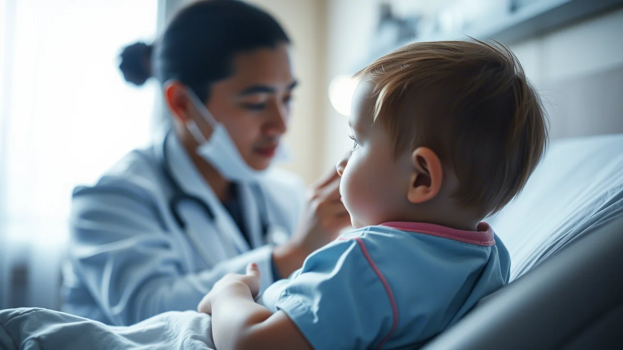 Fotografia di un bambino piccolo in un letto d'ospedale, visto di lato, con un medico che lo controlla gentilmente. Profondità di campo ridotta per sfocare lo sfondo, luce soffusa dalla finestra, obiettivo 50mm prime.