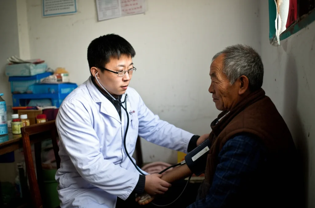Fotografia realistica di un medico rurale cinese in un modesto ambulatorio nella provincia di Shandong, mentre misura la pressione a un paziente anziano con uno sfigmomanometro. Obiettivo prime 50mm, luce naturale laterale, profondità di campo che isola medico e paziente dallo sfondo semplice della stanza.