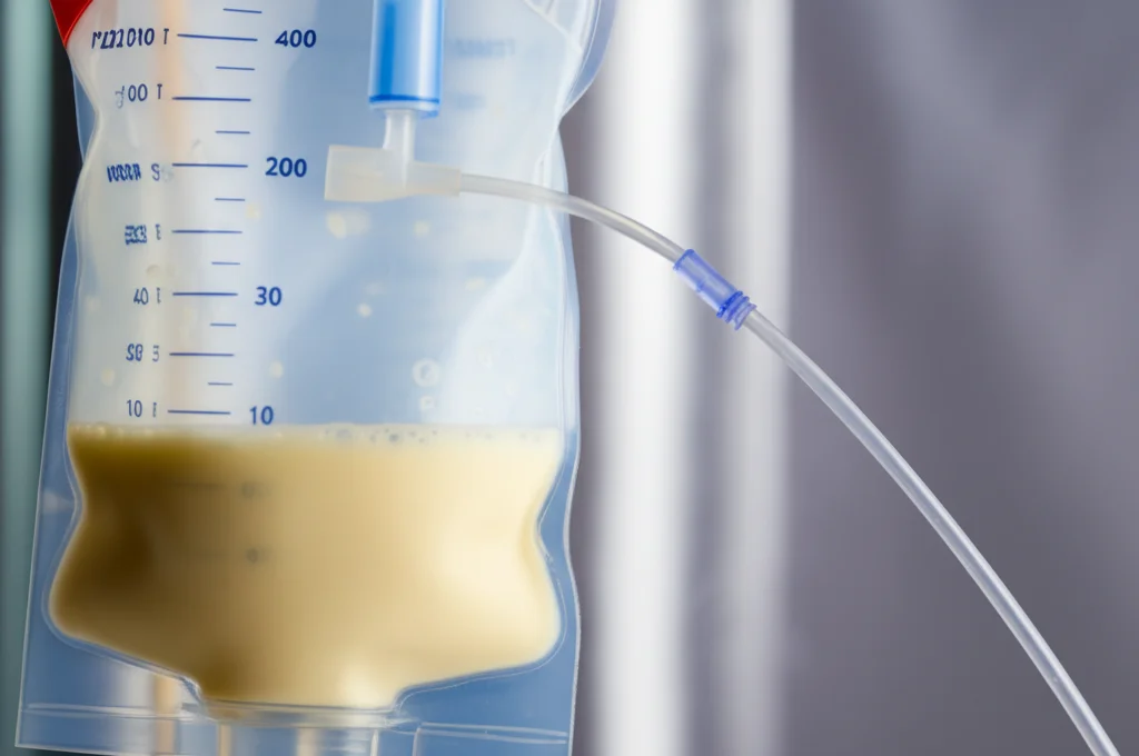 Immagine macro di una sacca per nutrizione enterale trasparente, piena di liquido nutrizionale color crema, collegata a un tubo sottile. Messa a fuoco precisa sulla connessione tra sacca e tubo. Lente macro 90mm, alta definizione, illuminazione da studio controllata.