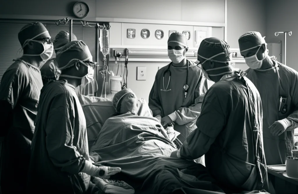 Fotografia di un team di medici e infermieri in terapia intensiva che discutono attorno al letto di un paziente collegato a macchinari. Atmosfera concentrata e professionale. Stile 'film noir' con forti contrasti bianco/nero e ombre definite. Lente 35mm.