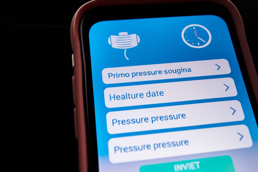 Primo piano fotorealistico di uno smartphone che mostra un'interfaccia app user-friendly per il monitoraggio della pressione sanguigna, con grafici e campi per inserire dati. Obiettivo macro 60mm, alta definizione dei dettagli dello schermo, illuminazione controllata per evitare riflessi.